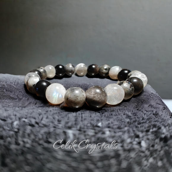 Gray Labradorite Black Labradorite & Silver Obsidian Bracelet 10mm Unisex - Picture 4 of 6